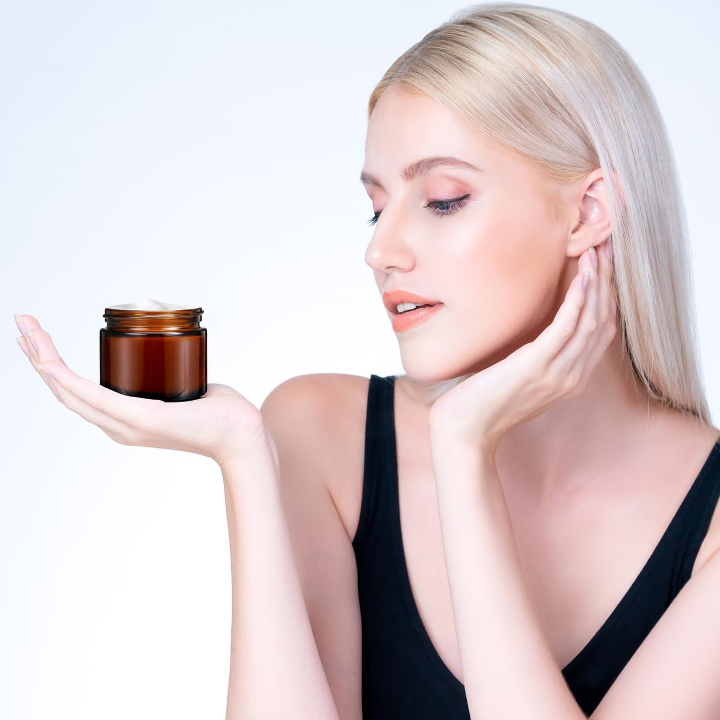 Domensi 48 Pcs 2 oz Glass Jars with Lids Travel Size Leakproof Round Airtight Empty Cosmetic Jars with Inner Liners Lid for Storing Lotions Powders Ointments Sample Cream Candle (Amber)