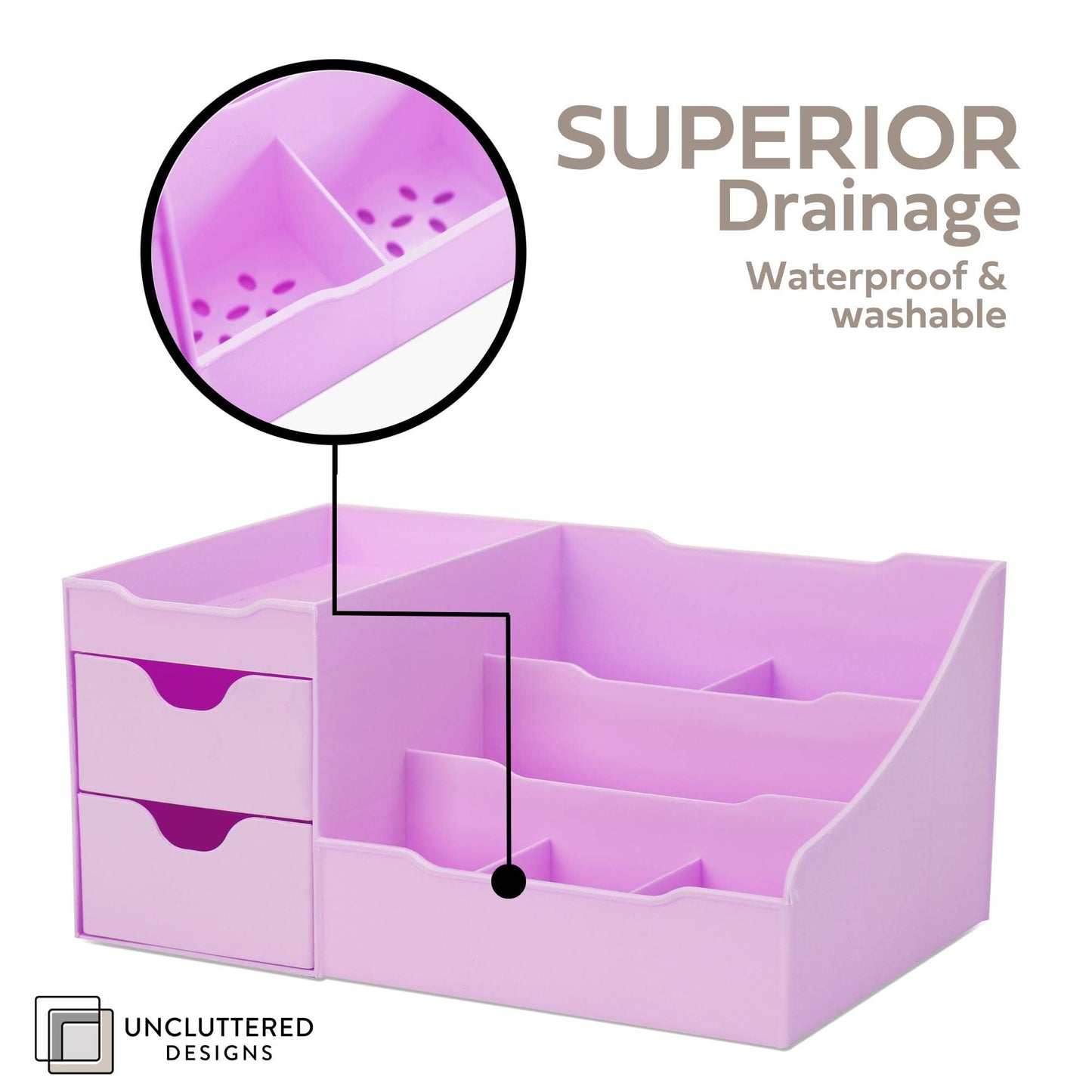 Uncluttered Designs Makeup Organizer With Drawers - Modern Countertop Storage for Cosmetics - Chic Vanity Holder for Perfume, Skincare, Brush, Lipstick, Nail Polish Organization & Display (Purple)