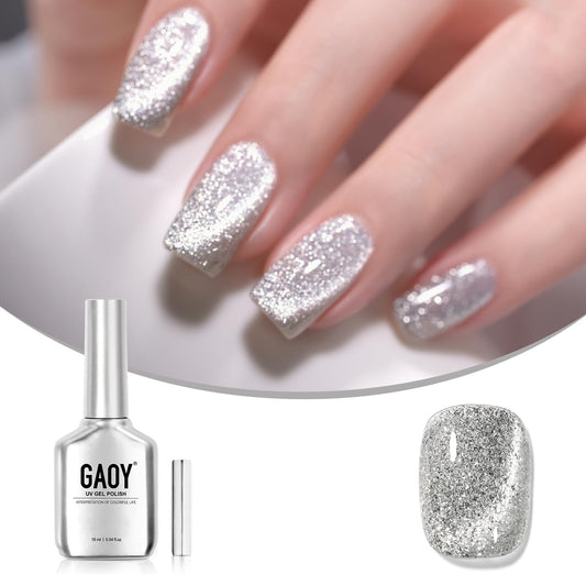 GAOY Platinum Cat Eye Gel Nail Polish, 16ml Silver Glitter Holographic Nail Polish with Magnet, Reflective Translucent UV Gel, 2230 Star Shower