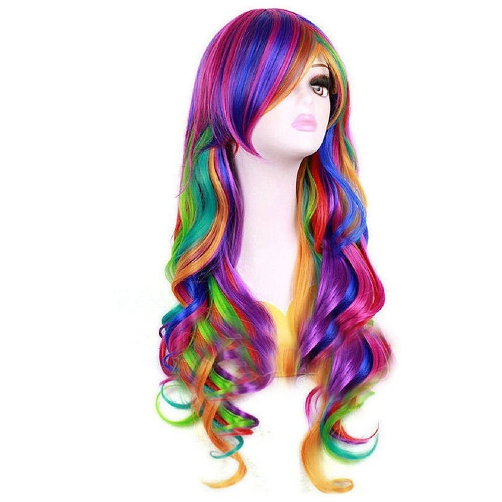 BERON 27.5" Women Girl's Long Curly Wavy Rainbow Wig for Halloween Anime Cosplay(Multi-color)