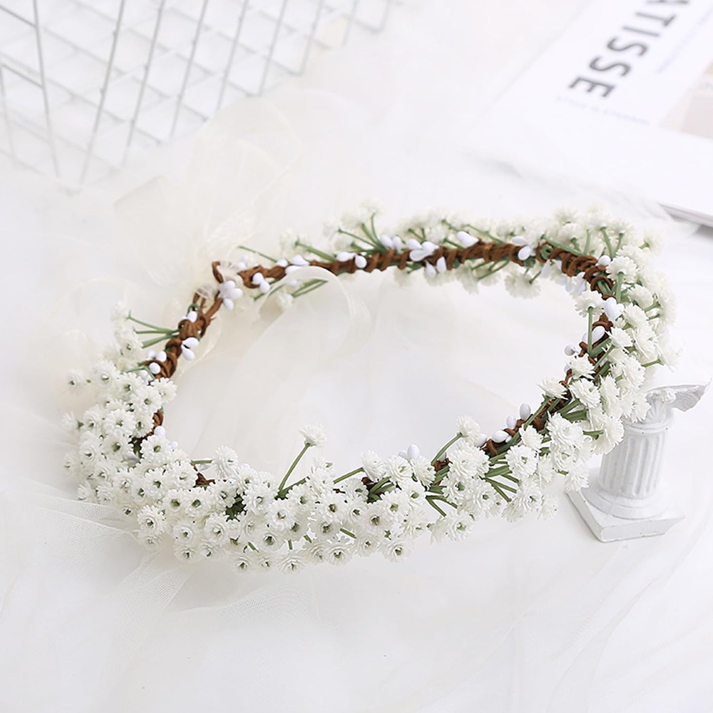 YnimioAOX Handmade Adjustable Flower Wreath Headband Halo Floral Crown Garland Headpiece,E-white sky star