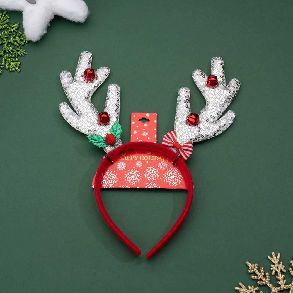 Madison Tyler Christmas Silver Reindeer Antlers with Mistletoe and Jingle Bells Headband for Kids | Cute Soft Headbands for Christmas Party | Holiday Gifts for Girls and Women