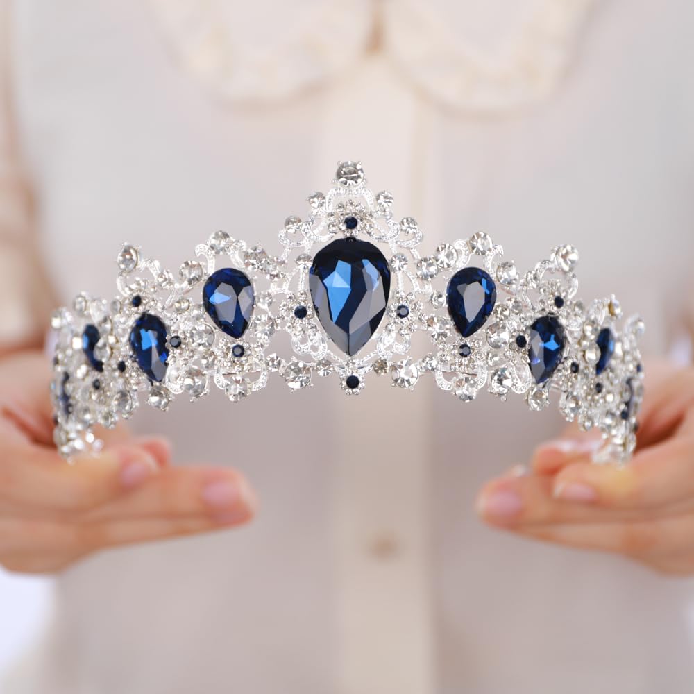 BERYUAN Bridal Baroque Blue Crystal Silver Headpiece Silver Princess Wedding Headband Royal Crystal Rhinestone Hair Costume for Women and Girls (silver)