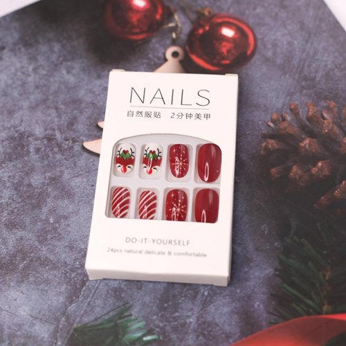 Red Christmas Press on Nails Short Oval Fake Nails Cute Christmas Deer Glue on Nails with Snowflake Stripes Designs Glossy Acrylic Stick on Nails Xmas Reusable False Nails for Women Girls 24 Pcs