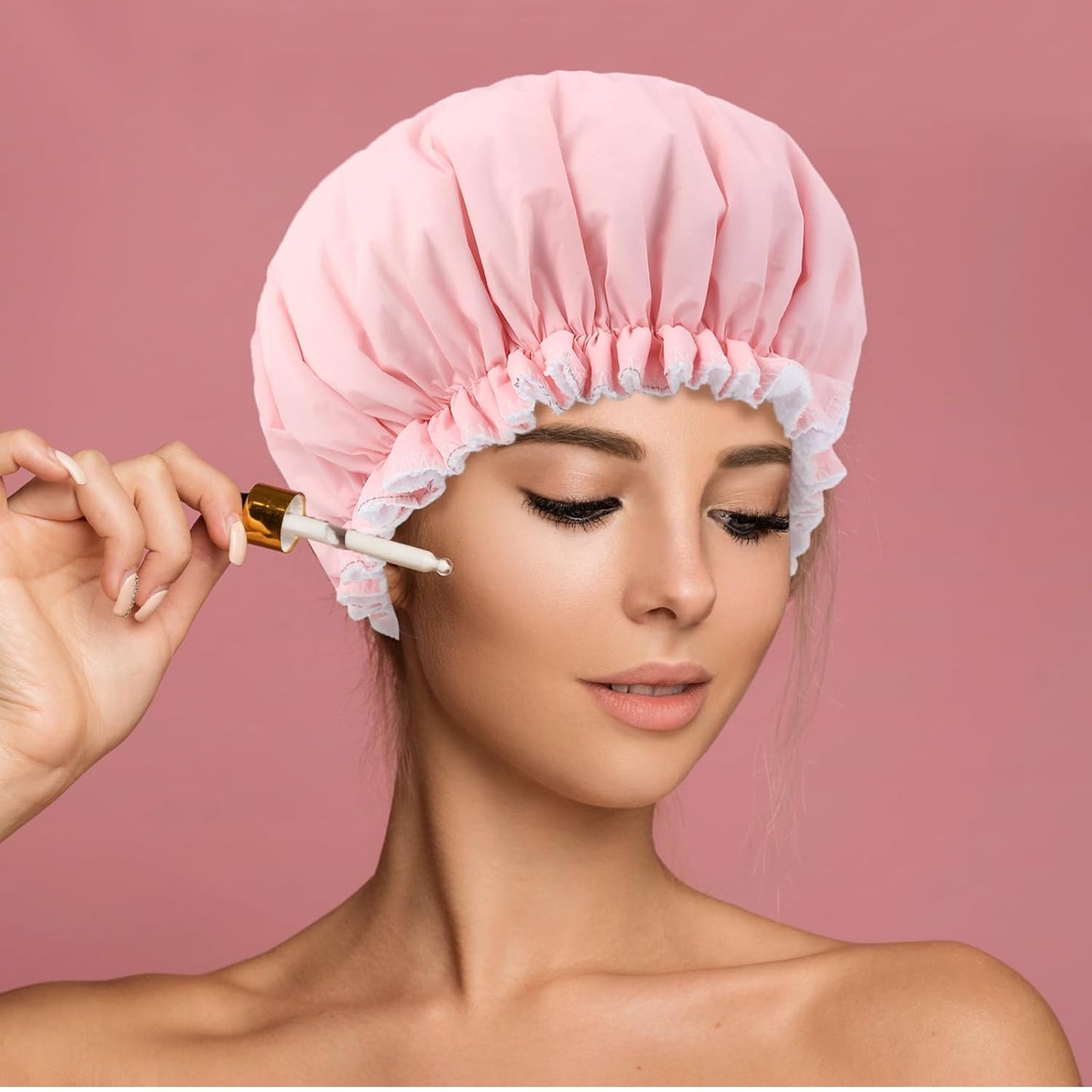 Skiennix Reusable Shower Cap - Waterproof Terry Cloth Lined Design | Pink Double Layer for All Hair Lengths