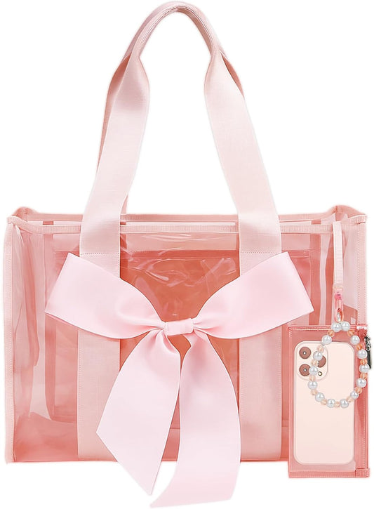 Skiennix Jelly Tote Bag - Large Pink Beach Bag with Bow | Waterproof & Stylish Design