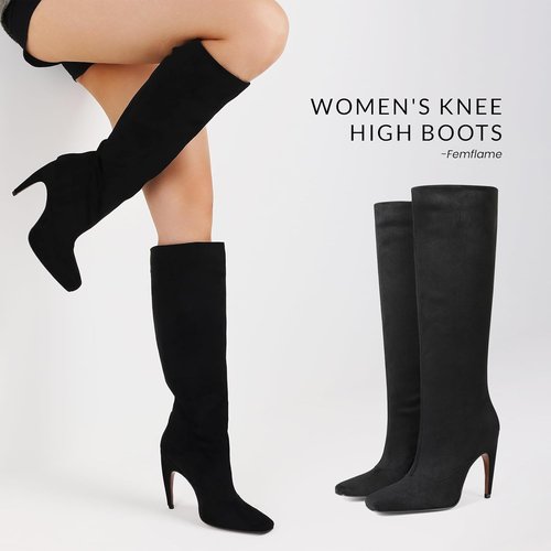 Femflame Knee High Boots - Stylish Wide Calf Suede Long Boots with Square Toe & Stiletto Heel