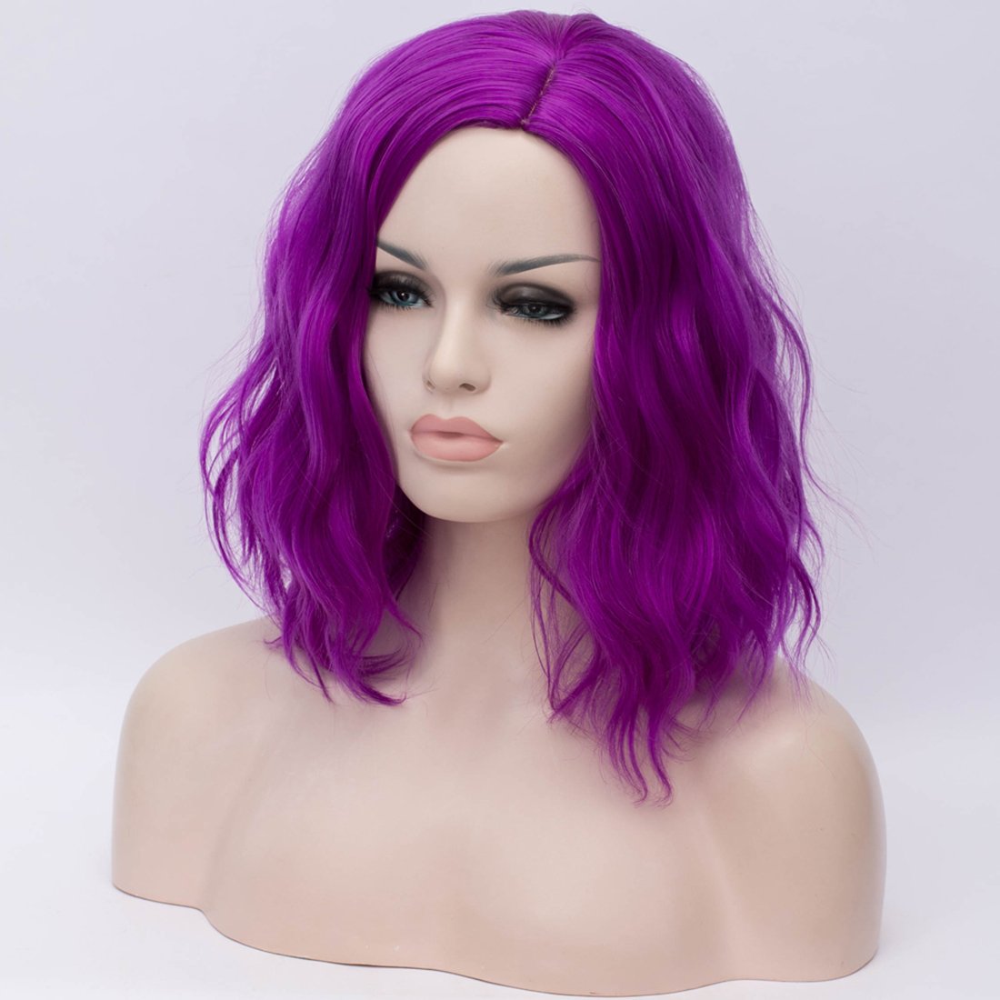 BUFASHION 14" Women Short Dark Purple Kinky Straight Cosplay Synthetic Wigs With Air Bangs 46 Colors Available (Dark Purple 2)