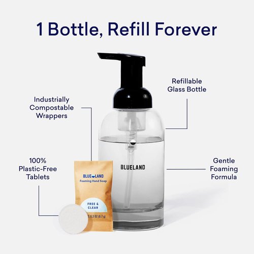 BLUELAND Hand Soap Starter Set - Refillable Glass Foaming Dispenser in Slate with 4 Scented Tablets | 9 Fl Oz Each