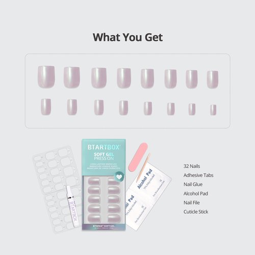 BTArtbox Press On Nails Short - Pearlescent Glitter Square Press On Nails with Glue for Women, Opaque Soft Gel Glue On Nails in 16 Sizes - 32 Stick On Nails Kit, Screaming Silver