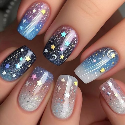 CurvLife Press on Nails Acrylic Medium Fake Nails with Sky Design Full Cover False Nails for Women Reusable Nail Kit with Nail Glue Adhesive Tabs
