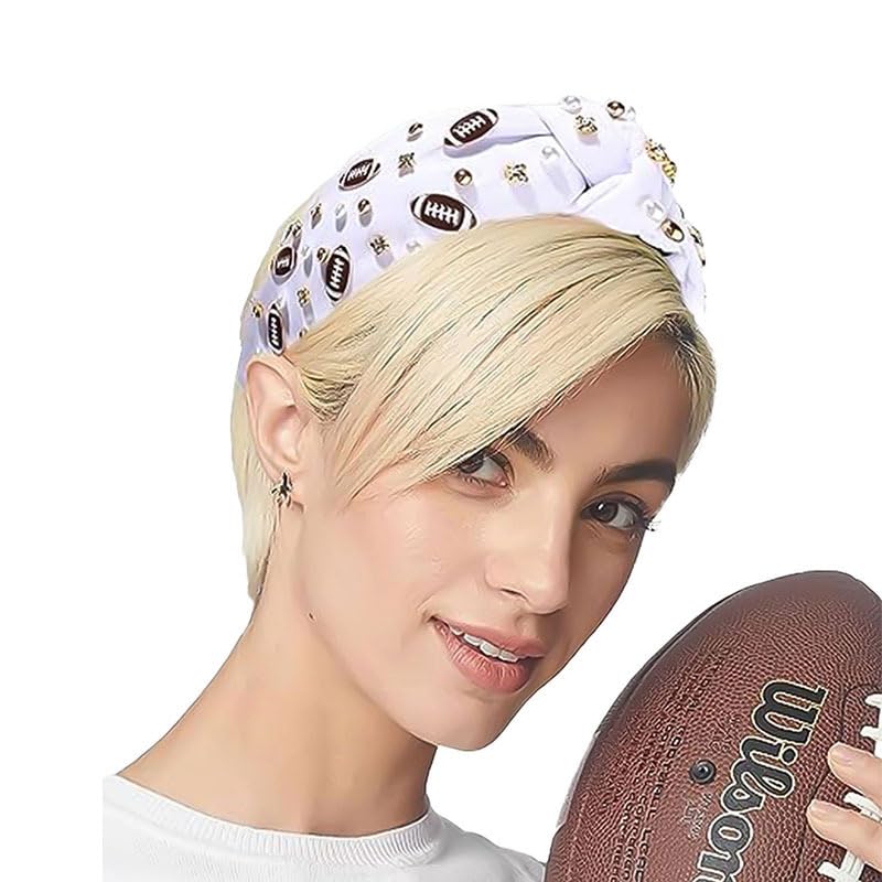 Football Headband Pearl Rhinestone Jeweled Knotted Headband Fun Sports White Black Football Embellished Wide Top Knot Hairband Headpiece Game Day Sports Hair Accessories Gift for Football Mom Fans