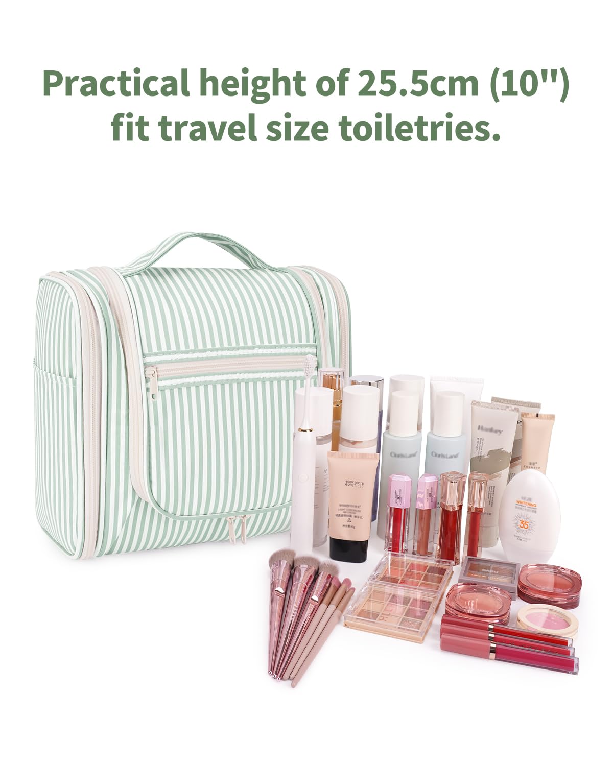 Narwey Striped Hanging Travel Toiletry Bag for Women, Travel Bag for Toiletries, Makeup Bag Organizer Cosmetic Bags Make Up Bags for Women (Mint Green Stripe)