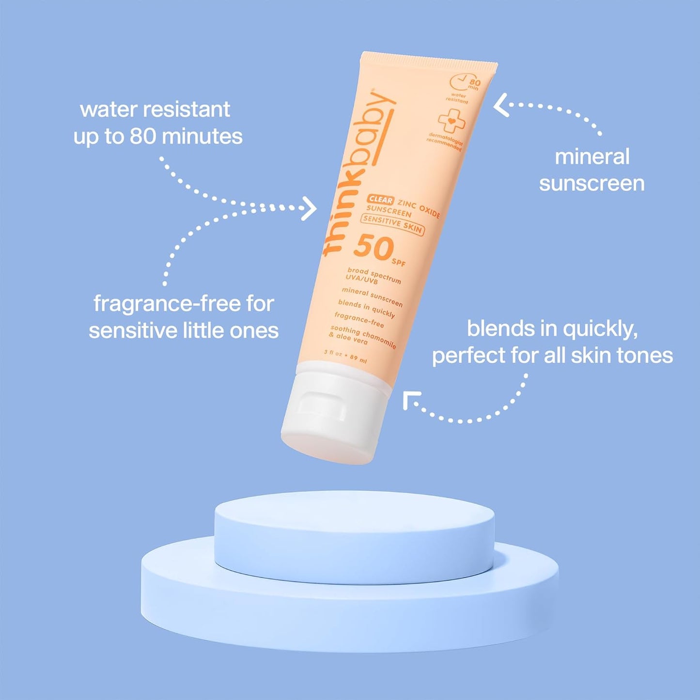 Thinkbaby Baby Sunscreen - SPF 50 Clear Zinc Oxide for Sensitive Skin | 3 Fl Oz, Water Resistant, Reef Safe