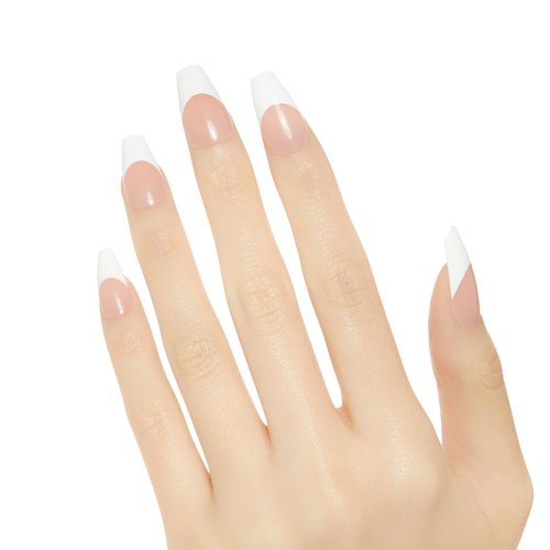KISS Salon Acrylic, Press On Nails, Nail glue included, 'Je T'Aime', White, Medium Size, Coffin Shape, Includes 28 Nails, 2g glue, 1 Manicure Stick, 1 Mini File