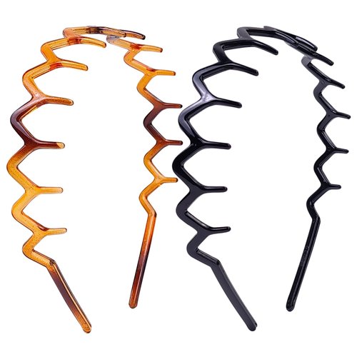 HFZRZFH Zig Zag Headbands for Women, Classic 90s Headband with Teeth, Non-Slip Plastic Comb Hair Band for Slicked Back Styles, Curly Hair and Everyday Face Washing Accessories, 2 Pack Black & Brown