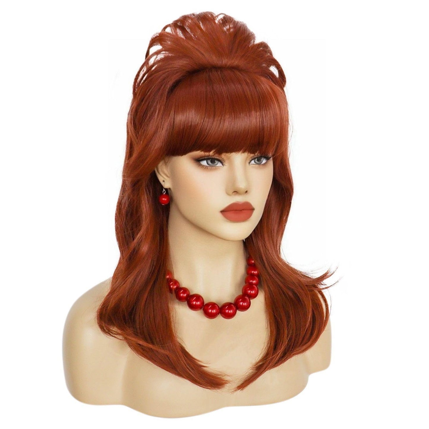 Anogol Hair Cap+5 Pcs Peggy Bundy Wig Auburn Beehive Wig with Pearl Necklace Earrings Bracelet 50s 60s 1950s 1960s Wigs for Women Red Housewife Wig Fembot Wigs for Cosplay Costume Halloween Party