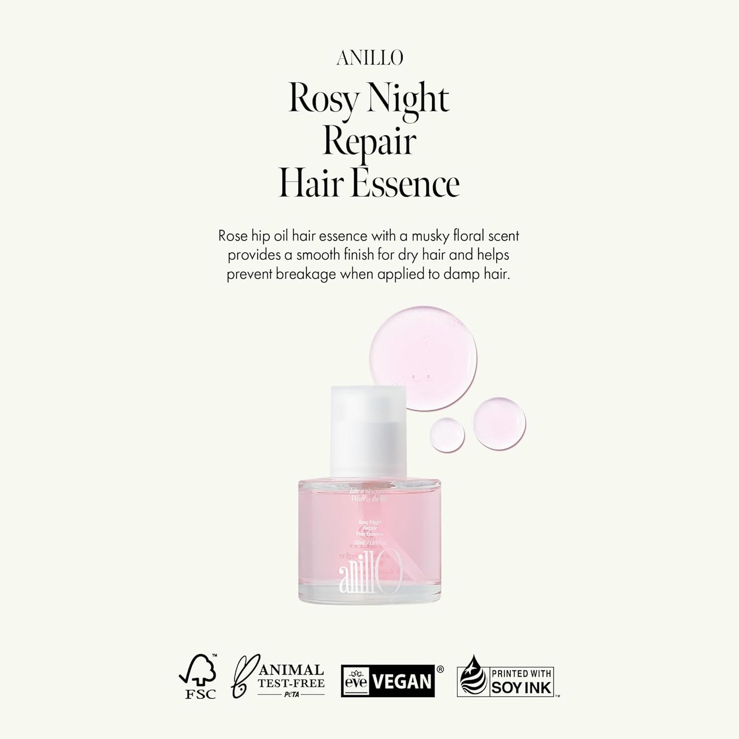 ANILLO Rosy Night Repair Hair Essence - Damask Rose Extract & Peptide Complex for Dry, Frizzy Hair | Vegan, 50ml