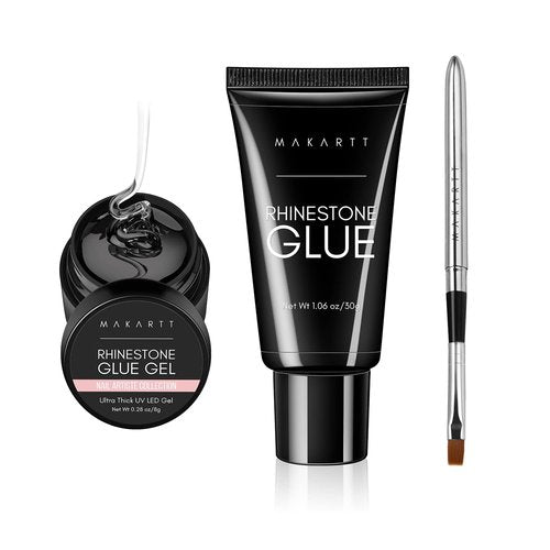 Makartt 2pcs Nail Rhinestone Glue Gel with Brush Pen Set, 38ml Clear Nail Gem Glue Gel Super Strong Adhesive Nail Art Glue Gel for Nail Decorations 3D Stones Charms Flowers(Nail Lamp Needed,8ML+30ML)