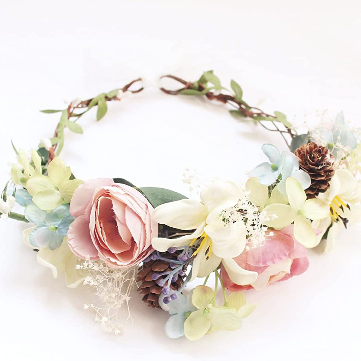 YnimioAOX Handmade Adjustable Flower Wreath Headband Halo Floral Crown Garland Headpiece,A18-pink/light green