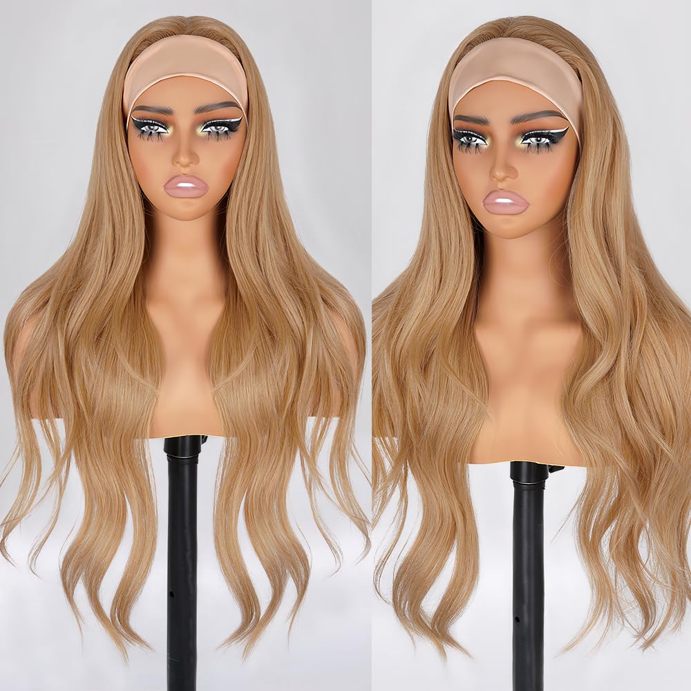 Long Wavy Headband Wigs for White Women, Gluless Wear and Go Half WIg, Natural Looking Synthetic Wig with Headband Attached Heat Resistant (Honey Blonde)