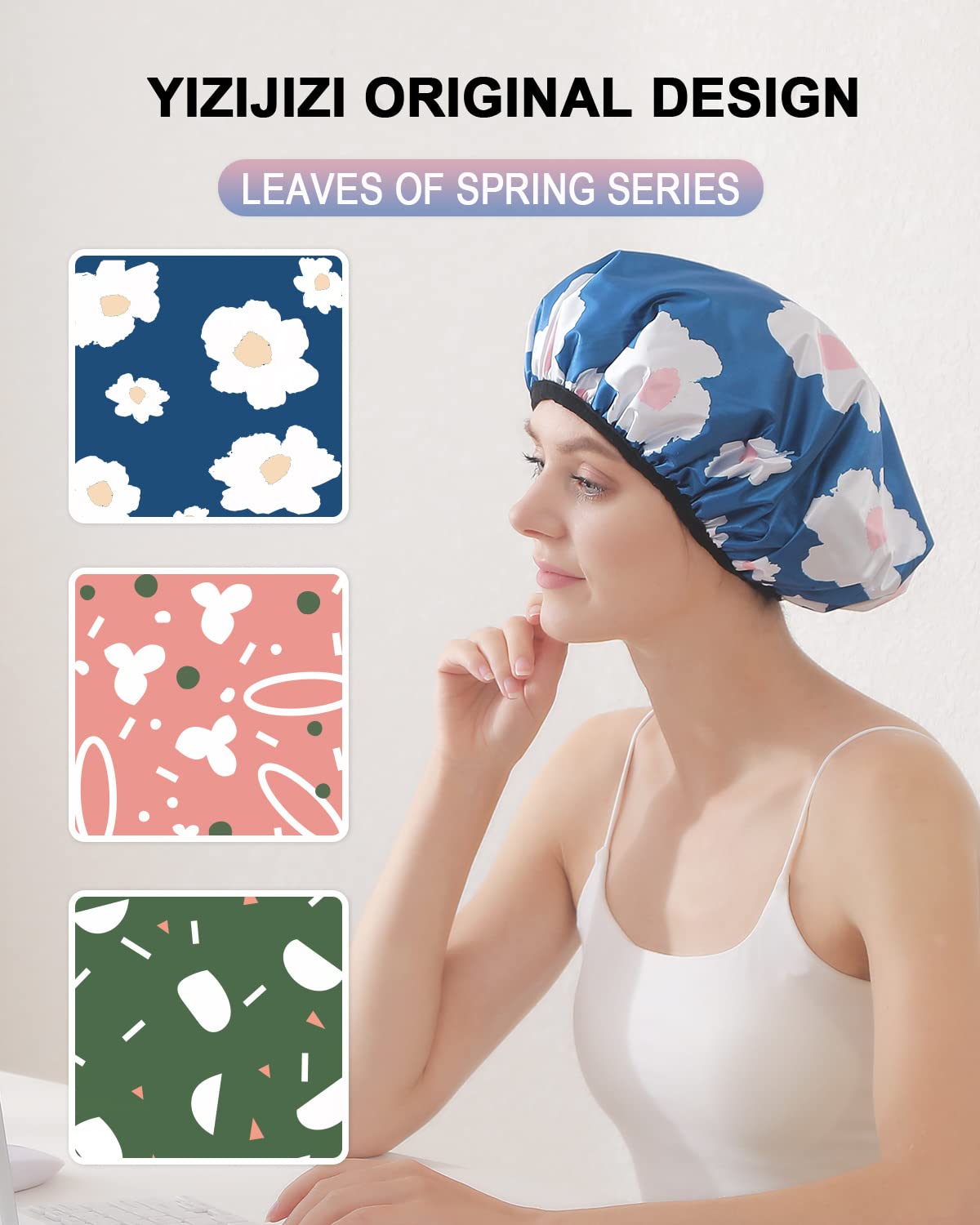 YIZIJIZI Waterproof Shower Cap - Triple Layer Design for Long Thick Hair | Reusable & Stylish (Blue)
