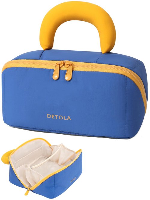 Detola Travel Makeup Bag, Cosmetic Bags for Women Lay Flat Makeup Bag with Compartments and Handle Waterproof Toiletry Bag Wide Open Portable Pouch Travel Essentials Gifts for Women, Blue