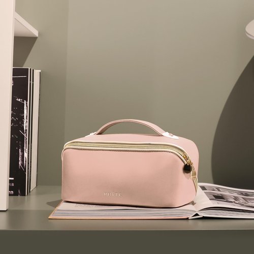 Prite Makeup Bag for Women Travel Waterproof Vegan Leather Cosmetic Bag Open Flat Toiletry Bag With Clear Divider and Handle (Pink)