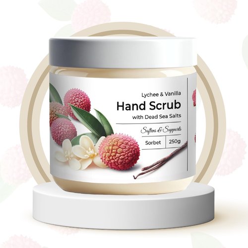 CalmGrace Exfoliating Hand Scrub with Dead Sea Salts, Lychee & Vanilla Scent | Hand Scrub Exfoliator in Sorbet Texture, Body Care Moisturizer | Fortified with Aloe Vera, Coconut Oil, Vitamin C