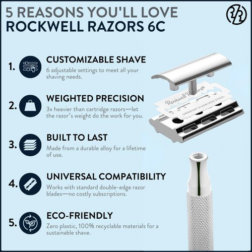 Rockwell Razors 6C White Chrome Safety Razor - Adjustable Shave Settings for Sensitive Skin | 5 Recyclable Blades