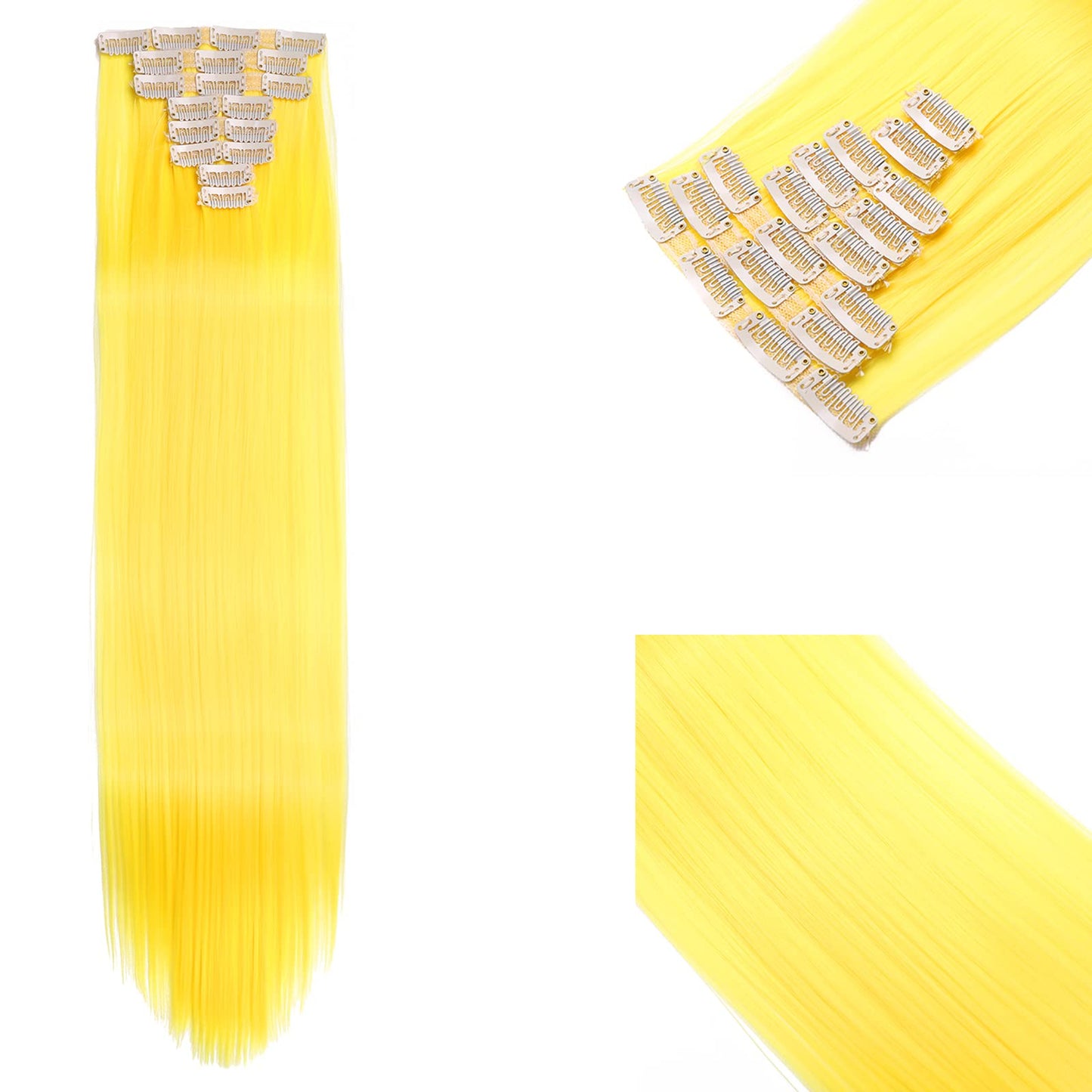 GIRLSHOW 8 Pieces Set Thick Clip in on Hair Extensions 24 Inch 5.11 Ounce Synthetic Full Head Straight Hairpieces for Women (24 Inch-Straight, Yellow)