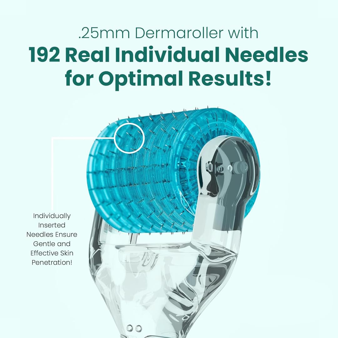Gin Amber Beauty Derma roller (0.25mm) - 192 Real Individual Needles, Microdermabrasion Device for Skin Care, Serum Absorption with Microneedling, Safe and Painless Revitalizer Tool, Hygienic Case