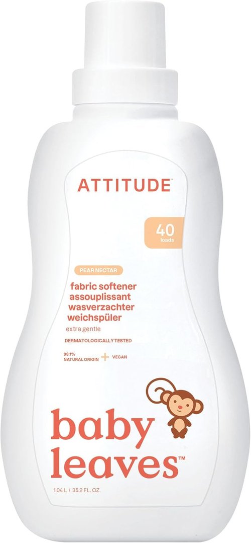 ATTITUDE Baby Fabric Softener - Plant-Based, Vegan & Cruelty-Free | Pear Nectar, 33.8 Fl Oz, 40 Loads