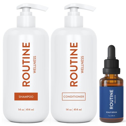 Routine Wellness Shampoo and Conditioner Set and Scalp Serum for Thinning Hair - DHT Blocker Women & Men - Color Safe Shampoo for Hair Loss & Healthier Hair - Coconut Vanilla Set
