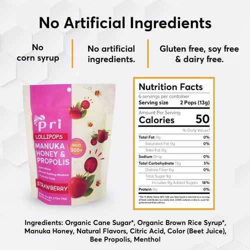 P.R.I Strawberry Manuka Honey Lollipops - Throat Soothing with Propolis & Menthol | 24 Individually Wrapped Pops