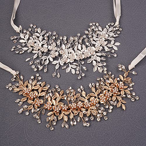 Teyglen Flower Leaf Crystal Handmade Hair Vine Large Rhinestones Headpiece Wedding Hair Accessories for Brides and Women (Gold)