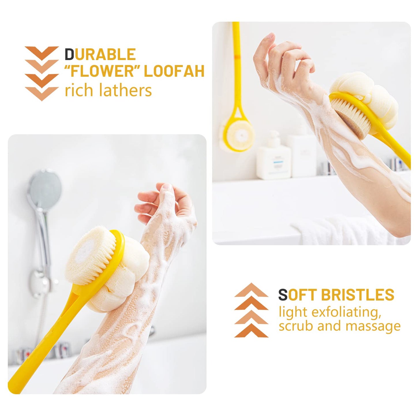 Shower Body Brush,Soft Bristles and Beautiful Pumpkin Loofah 14" Long Handle Back Scrubber Bath Mesh Sponge for Skin Exfoliating Bath,Massage Bristles Suitable for Wet or Dry,Men and Women (Yellow)
