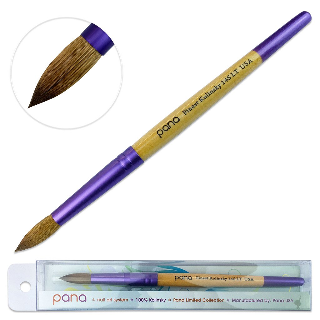 PANA Pure Kolinsky Hair Acrylic Nail Brush - Round Shape Purple Ferrule with Beige Wood Handle (Size 14) - Nail Brush for Acrylic Nail Application, Nail Extension, Manicure Pedicure Salon Beginner and