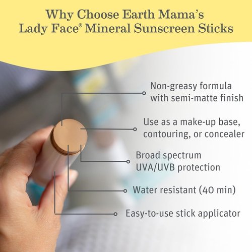 Earth Mama Lady Face® Tinted Mineral Sunscreen Stick SPF 40 - Light/Medium Tint | Organic Shea & Cocoa Butter Blend