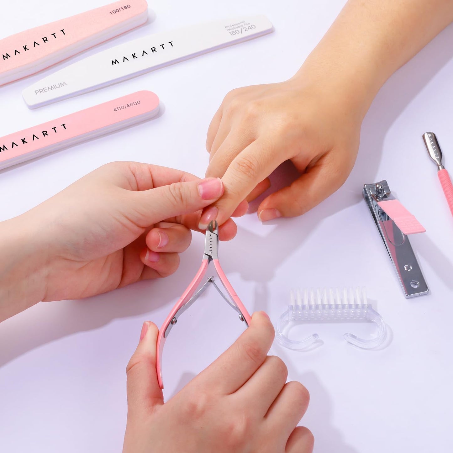 Makartt Nail File and Buffer Set, Pink Basic Prep Kit with Cuticle Clipper, Trimmer, Pusher, Brush, Manicure Care Kit for Natural and Acrylic Nails (7pcs)