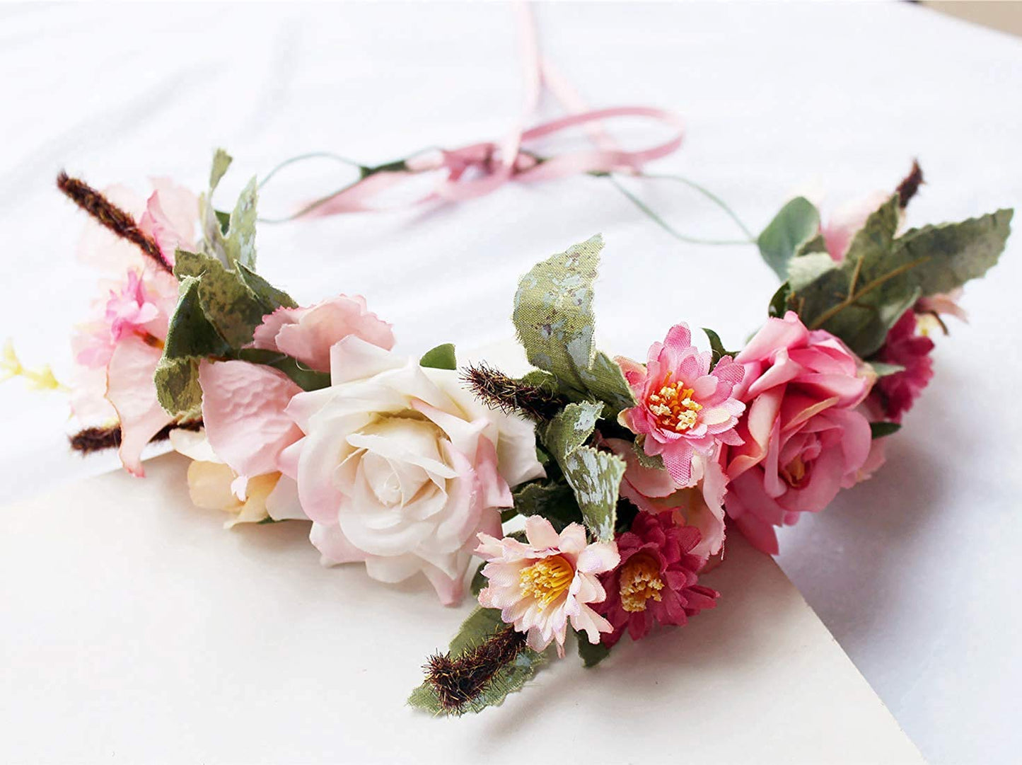 YnimioAOX Handmade Adjustable Flower Wreath Headband Halo Floral Crown Garland Headpiece,A16-peach