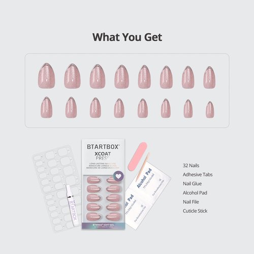 BTArtbox Press On Nails Almond - Blush Icicle, Lamp-Curable Cat Eye 3D Silver French Tip Short Press On Nails with Glue and Adhesive Tabs for Women in 16 Sizes - 32 Soft Gel Glue On Nails Kit