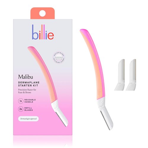 Billie Dermaplane Starter Kit - Reusable Handle with 3 Refill Blades - Effortlessly Remove Facial Hair & Shape Brows - Malibu
