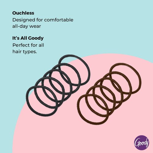 Goody Ouchless Hair Elastics – No Pull, No Breakage, Tangle-Free Hold for Thick, Curly, Coily & Textured Hair – 10 Count, Black & Brown, Long-Lasting Ponytail Holders for Women & Men