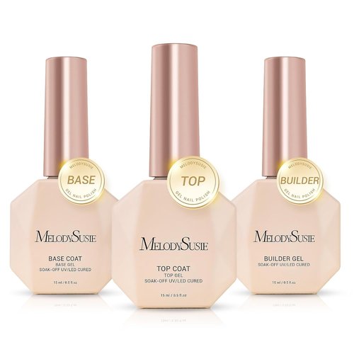 MelodySusie Builder Gel Set - No Wipe Glossy Top Coat & Base Coat - Long Lasting Shine | 3 Pcs 15ml Clear