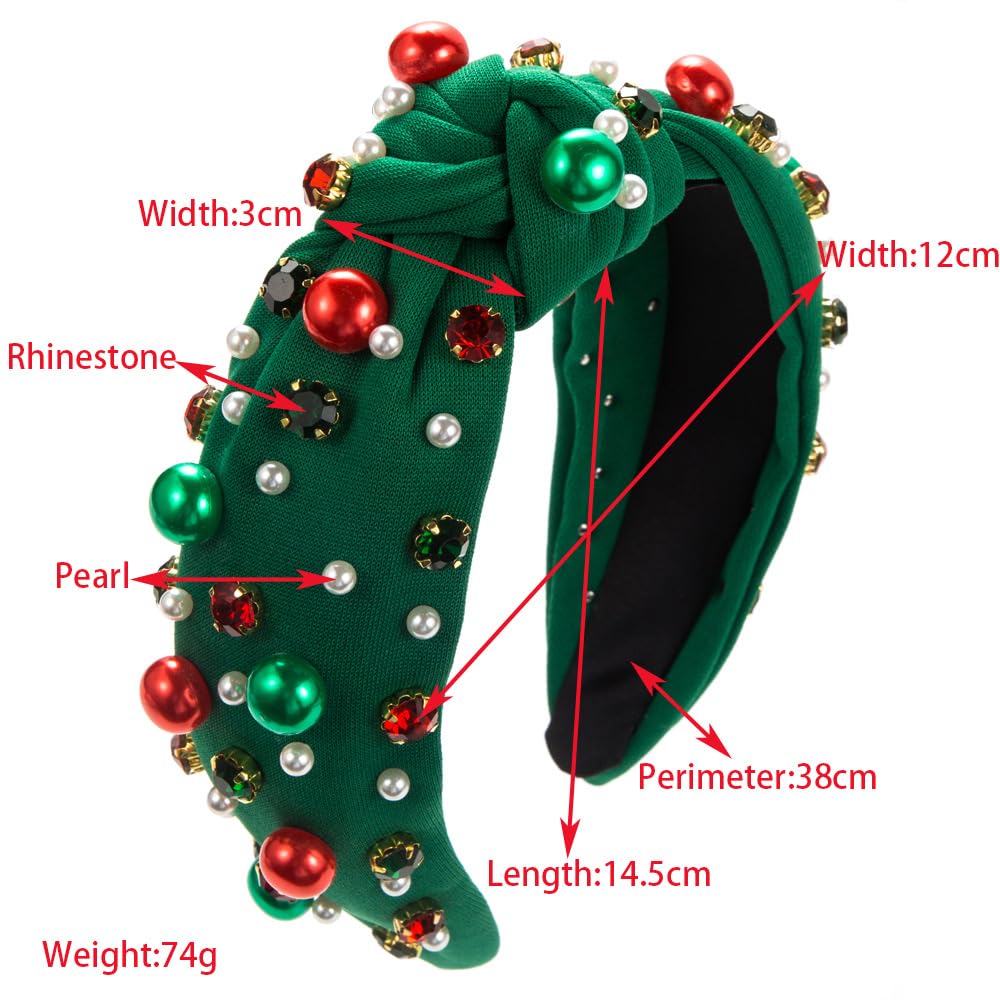 vowyore Christmas Pearl Knotted Headband for Women Red Green Pearl Rhinestone Crystal Jeweled Hairband Fashion Elegant Ladies Wide Knot Head Band Headpieces Hair Accessories