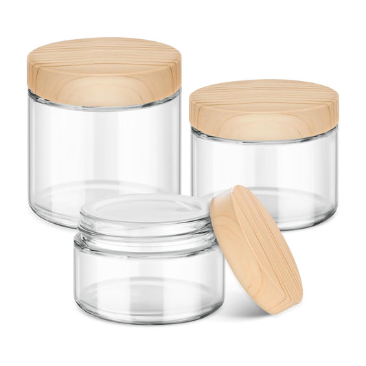 Glass Cosmetic Jars with Plastic Woodgrain Lids, 4 oz, 2 oz 1 oz Small Glass Storage Jars with Lids & Stickers, Reusable Clear Travel Containers for Creams, Lotion, Balms, Ointment 3 pack