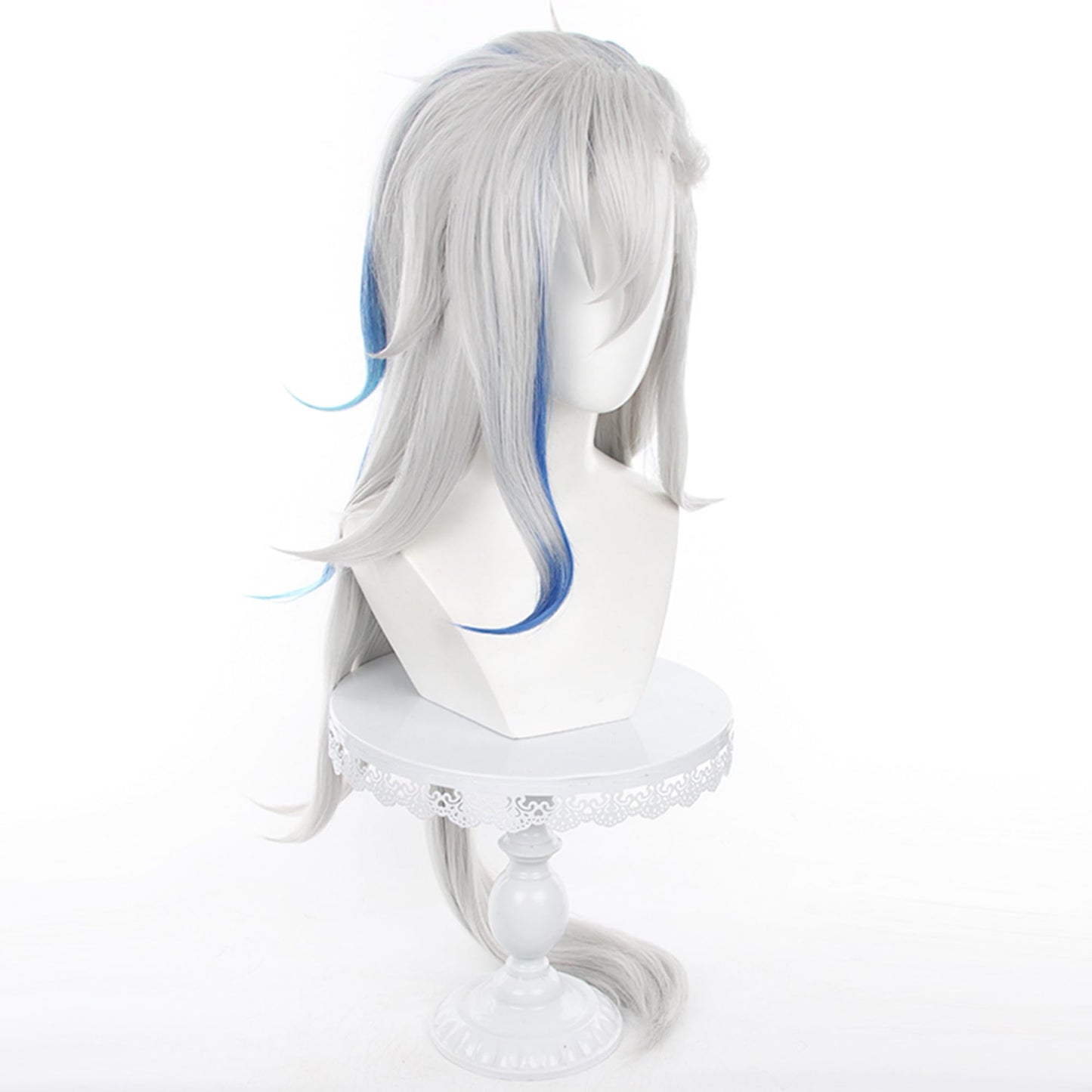 Neuvillette Wig Genshin Impact Fontaine Cosplay Wig Gray Mixed Blue long Ponytail hair with Free Wig Cap for Women Comic Con, Cosplay show, Halloween