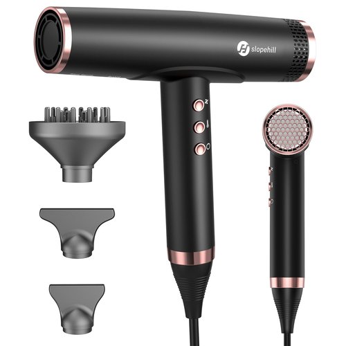 slopehill Professional Ionic Hair Dryer with Diffuser - Lightweight, Compact, Powerful & Fast Salon Blow Dryer with High Speed Brushless Motor for Travel, Women & Men Ceramic, Black LH1003
