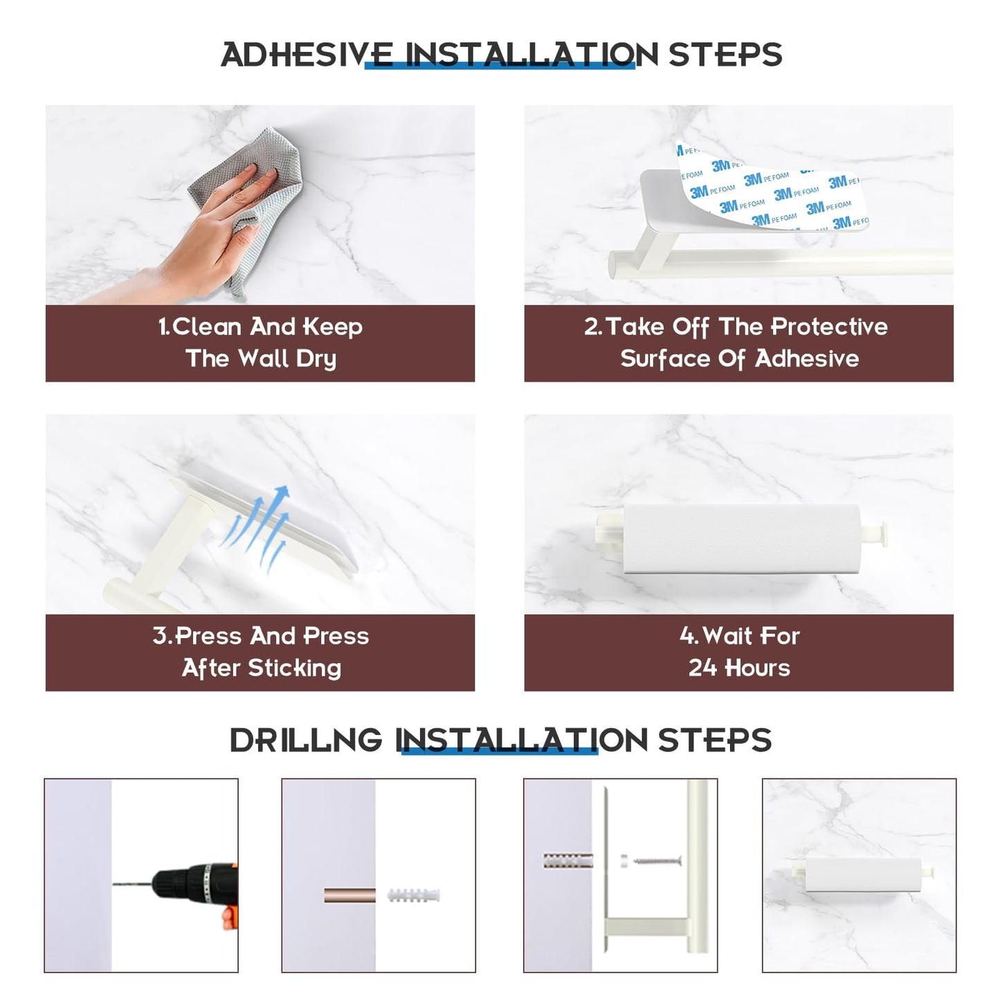 ASTOFLI Paper Towel Holder Under Cabinet No Drilling, Self Adhesive Paper Towel Holder Wall Mount for Kitchen Rack, Under Counter Napin Holder No Drill, 304 Stainless Steel Matte Black